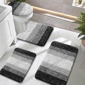 imageOLANLY Bathroom Rugs Sets 4 Piece Soft Microfiber Absorbent Bath Mat UShaped Contour Toilet Mat and Toilet Lid Cover Quick Dry Machine Washable Toilet Cover and Rug Set for Bathroom GreyBlack