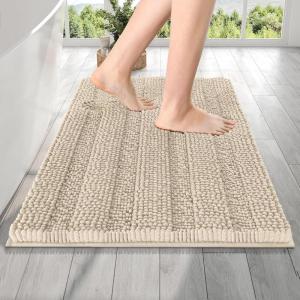 imageOLANLY Thick Bathroom Rugs 30x20 Extra Soft Absorbent Chenille Striped Bath Rugs Rubber Backing Machine Wash Dry Bath Mats for Bathroom Floor Tub and Shower Home Decor Accessories GreySand