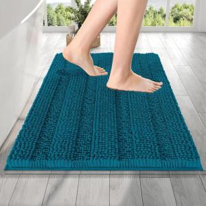 imageOLANLY Thick Bathroom Rugs 30x20 Extra Soft Absorbent Chenille Striped Bath Rugs Rubber Backing Machine Wash Dry Bath Mats for Bathroom Floor Tub and Shower Home Decor Accessories GreyPeacock Blue
