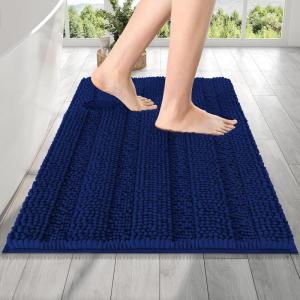 imageOLANLY Thick Bathroom Rugs 30x20 Extra Soft Absorbent Chenille Striped Bath Rugs Rubber Backing Machine Wash Dry Bath Mats for Bathroom Floor Tub and Shower Home Decor Accessories GreyNavy