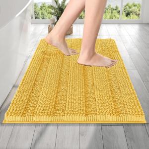 imageOLANLY Thick Bathroom Rugs 30x20 Extra Soft Absorbent Chenille Striped Bath Rugs Rubber Backing Machine Wash Dry Bath Mats for Bathroom Floor Tub and Shower Home Decor Accessories GreyYellow