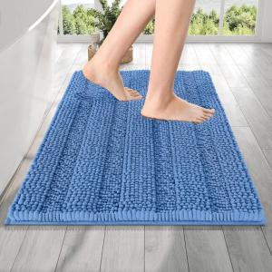 imageOLANLY Thick Bathroom Rugs 30x20 Extra Soft Absorbent Chenille Striped Bath Rugs Rubber Backing Machine Wash Dry Bath Mats for Bathroom Floor Tub and Shower Home Decor Accessories GreyCornflower Blue