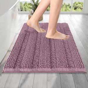imageOLANLY Thick Bathroom Rugs 30x20 Extra Soft Absorbent Chenille Striped Bath Rugs Rubber Backing Machine Wash Dry Bath Mats for Bathroom Floor Tub and Shower Home Decor Accessories GreyDeep Plum