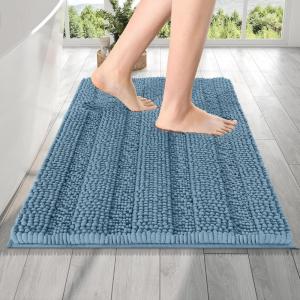 imageOLANLY Thick Bathroom Rugs 30x20 Extra Soft Absorbent Chenille Striped Bath Rugs Rubber Backing Machine Wash Dry Bath Mats for Bathroom Floor Tub and Shower Home Decor Accessories GreyAiry Blue