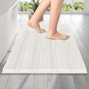 imageOLANLY Thick Bathroom Rugs 30x20 Extra Soft Absorbent Chenille Striped Bath Rugs Rubber Backing Machine Wash Dry Bath Mats for Bathroom Floor Tub and Shower Home Decor Accessories GreyIvory