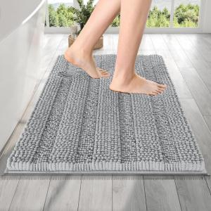 imageOLANLY Thick Bathroom Rugs 30x20 Extra Soft Absorbent Chenille Striped Bath Rugs Rubber Backing Machine Wash Dry Bath Mats for Bathroom Floor Tub and Shower Home Decor Accessories GreyLight Grey