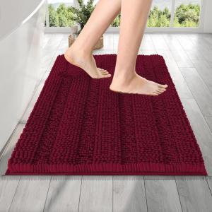 imageOLANLY Thick Bathroom Rugs 30x20 Extra Soft Absorbent Chenille Striped Bath Rugs Rubber Backing Machine Wash Dry Bath Mats for Bathroom Floor Tub and Shower Home Decor Accessories GreyBurgundy