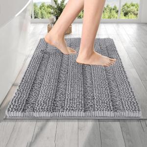imageOLANLY Thick Bathroom Rugs 30x20 Extra Soft Absorbent Chenille Striped Bath Rugs Rubber Backing Machine Wash Dry Bath Mats for Bathroom Floor Tub and Shower Home Decor Accessories GreyGrey