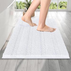 imageOLANLY Thick Bathroom Rugs 30x20 Extra Soft Absorbent Chenille Striped Bath Rugs Rubber Backing Machine Wash Dry Bath Mats for Bathroom Floor Tub and Shower Home Decor Accessories GreyWhite