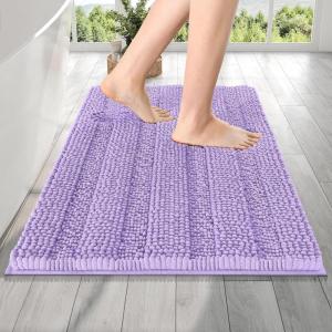 imageOLANLY Thick Bathroom Rugs 30x20 Extra Soft Absorbent Chenille Striped Bath Rugs Rubber Backing Machine Wash Dry Bath Mats for Bathroom Floor Tub and Shower Home Decor Accessories GreyLavender
