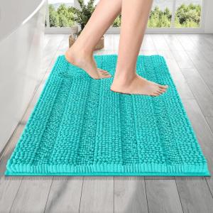 imageOLANLY Thick Bathroom Rugs 30x20 Extra Soft Absorbent Chenille Striped Bath Rugs Rubber Backing Machine Wash Dry Bath Mats for Bathroom Floor Tub and Shower Home Decor Accessories GreyTeal