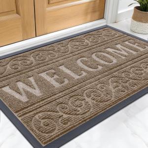 imageOLANLY Welcome Door Mat Indoor Outdoor Entrance Heavy Duty Sturdy Front Door Mat Waterproof AllWeather Doormat Stain Resistant Low Profile Easy Clean Patio Entryway Mat 295 x 17 BlackLight Brown