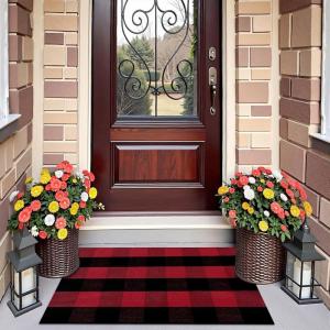 imageOLANLY Brown and Black Striped Rug 2 x 43quot 24quot x 51quot  Washable Cotton Doormat for Indoor Outdoor Use Layered Front Porch Rug for Entryway Kitchen PatioRed and Black Checkered