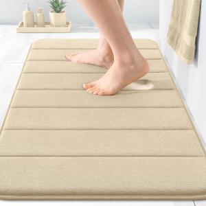 imageOLANLY Striped Memory Foam Bath Mat 30x20 Super Soft Absorbent Bathroom Rugs Quick Dry Machine Washable Shower Floor Rugs Bathmat Carpet Bathroom Home Decor Accessories Beige