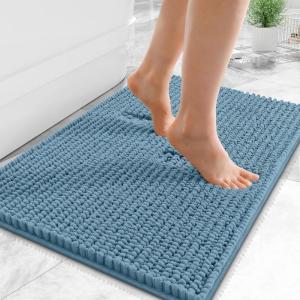 imageOLANLY Thick Bathroom Rugs 30x20 Extra Soft Absorbent Chenille Bath Rugs Rubber Backing Machine Wash Dry Bath Mats for Bathroom Floor Tub and Shower Home Decor Accessories GreyAiry Blue