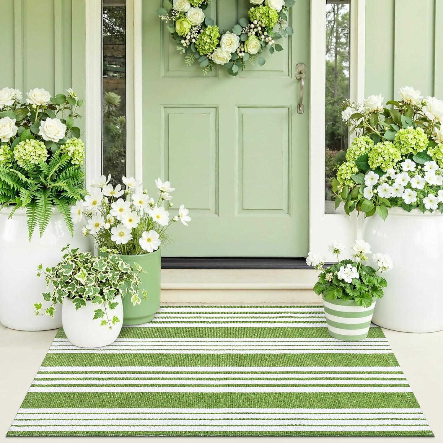 imageOLANLY Green and White Classic Striped Rug 2 x 43 24 x 51  Washable Cotton Indoor Outdoor Doormat for Front Door Entryway Kitchen Porch Patio Decor