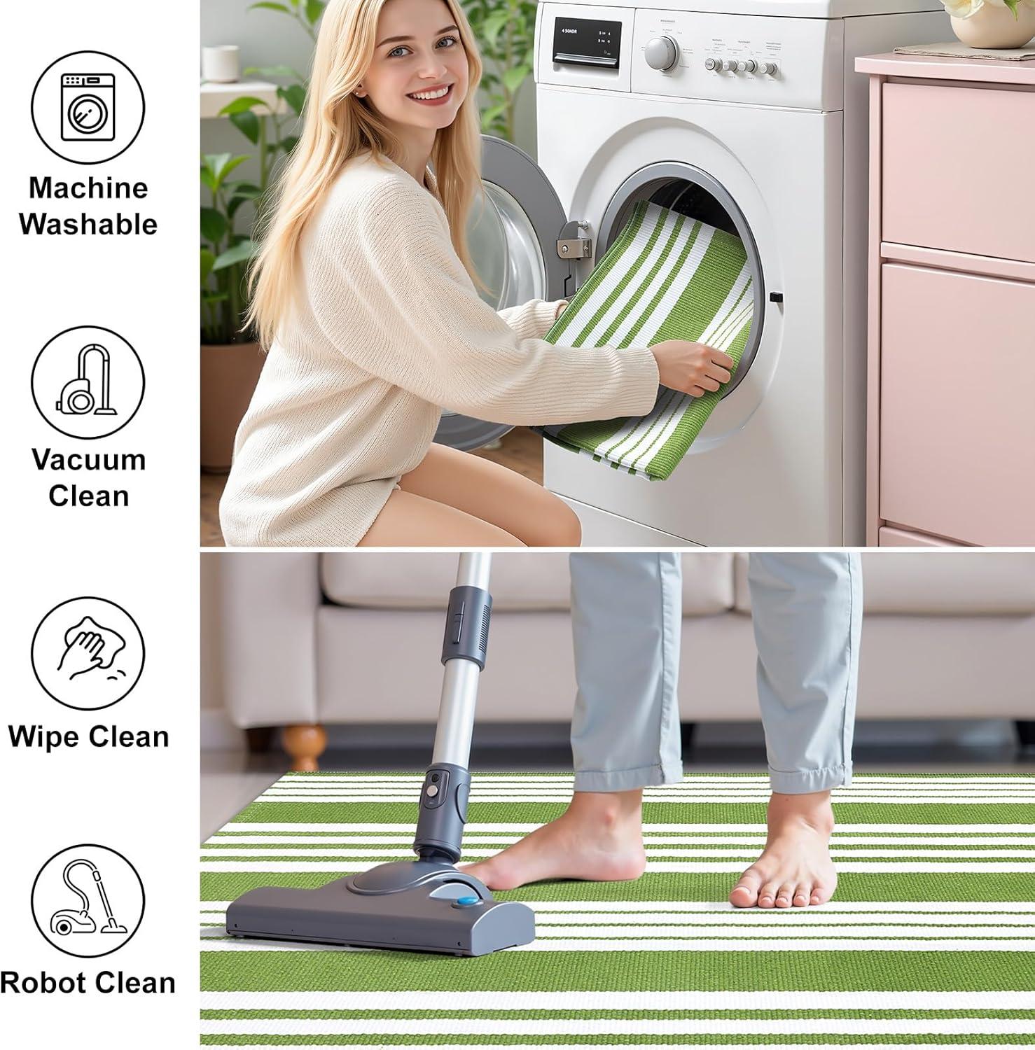 imageOLANLY Green and White Classic Striped Rug 2 x 43 24 x 51  Washable Cotton Indoor Outdoor Doormat for Front Door Entryway Kitchen Porch Patio Decor