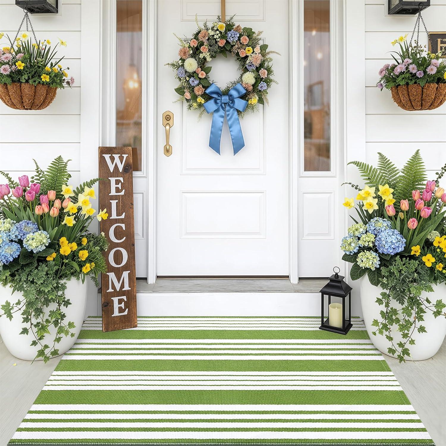 imageOLANLY Green and White Classic Striped Rug 2 x 43 24 x 51  Washable Cotton Indoor Outdoor Doormat for Front Door Entryway Kitchen Porch Patio Decor