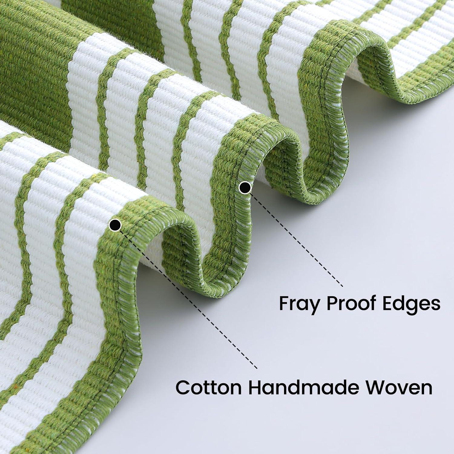 imageOLANLY Green and White Classic Striped Rug 2 x 43 24 x 51  Washable Cotton Indoor Outdoor Doormat for Front Door Entryway Kitchen Porch Patio Decor