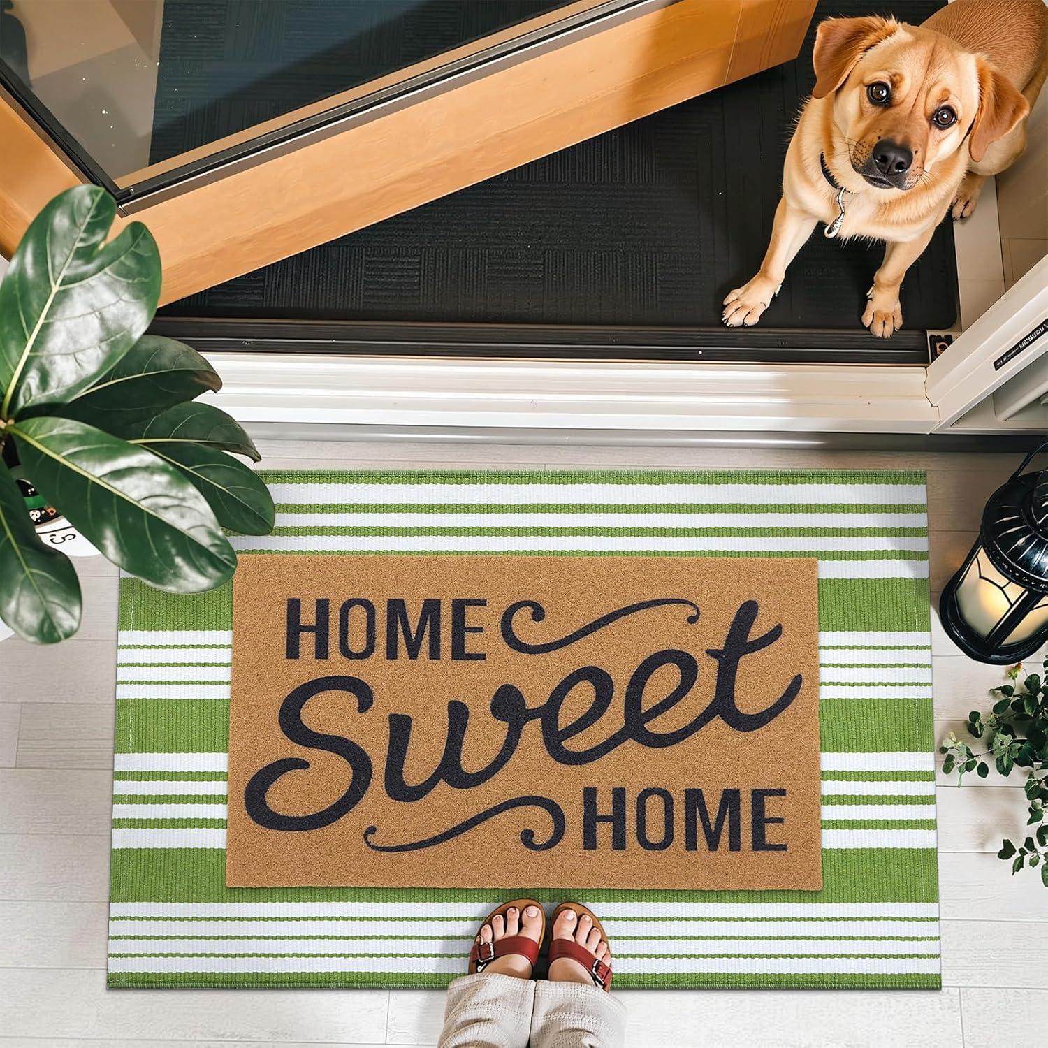 imageOLANLY Green and White Classic Striped Rug 2 x 43 24 x 51  Washable Cotton Indoor Outdoor Doormat for Front Door Entryway Kitchen Porch Patio Decor