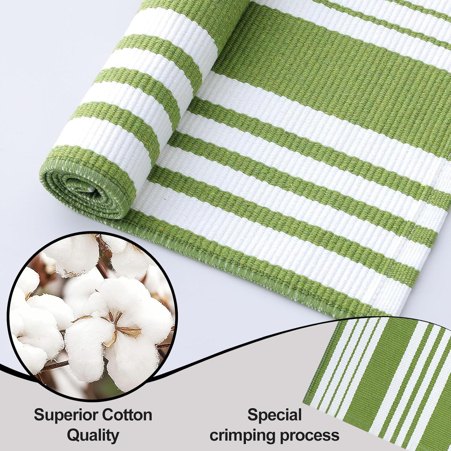 imageOLANLY Green and White Classic Striped Rug 2 x 43 24 x 51  Washable Cotton Indoor Outdoor Doormat for Front Door Entryway Kitchen Porch Patio Decor