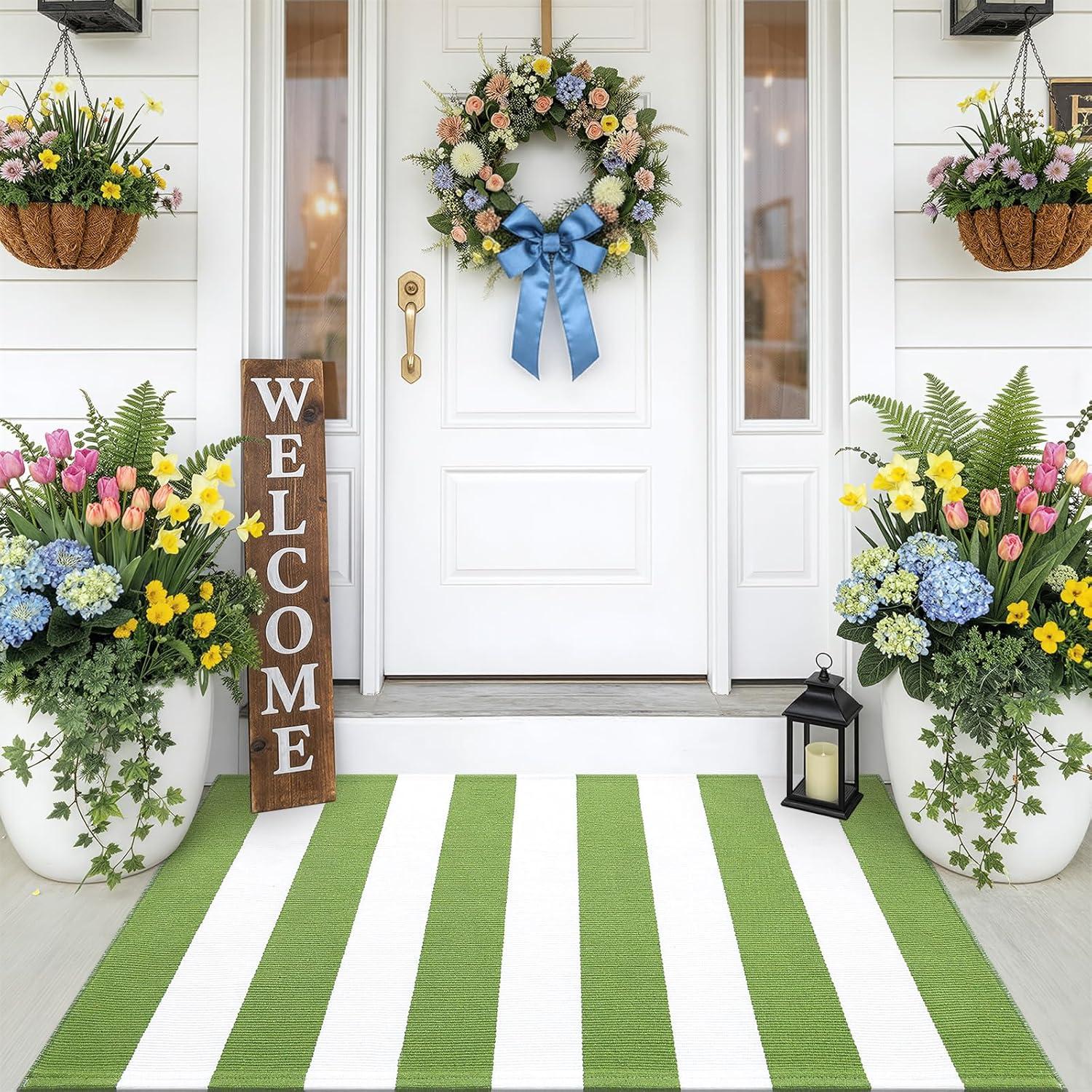 imageOLANLY Green and White Striped Rug 2 x 3 24 x 36  Washable Cotton Indoor Outdoor Doormat for Front Door Entryway Kitchen Porch Patio Decor