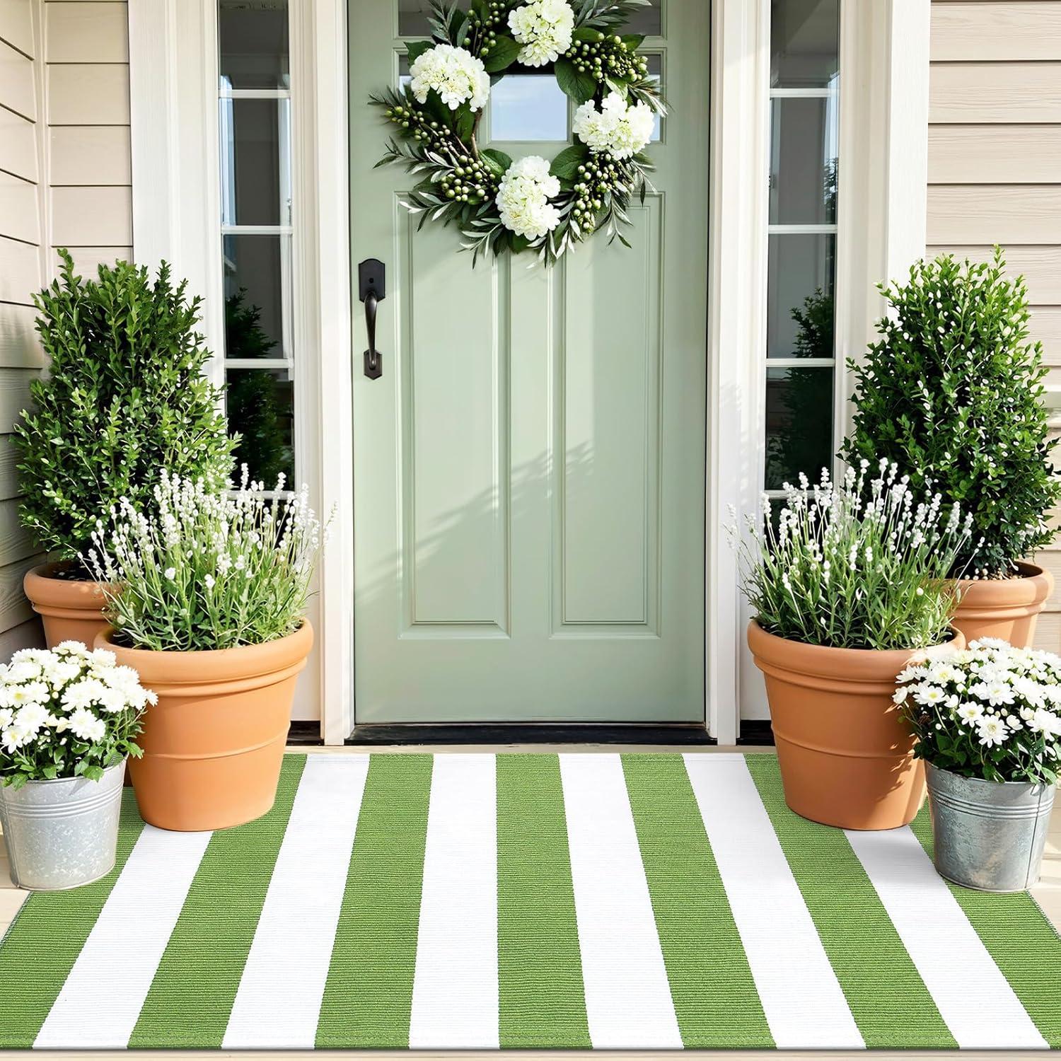 imageOLANLY Green and White Striped Rug 2 x 3 24 x 36  Washable Cotton Indoor Outdoor Doormat for Front Door Entryway Kitchen Porch Patio Decor