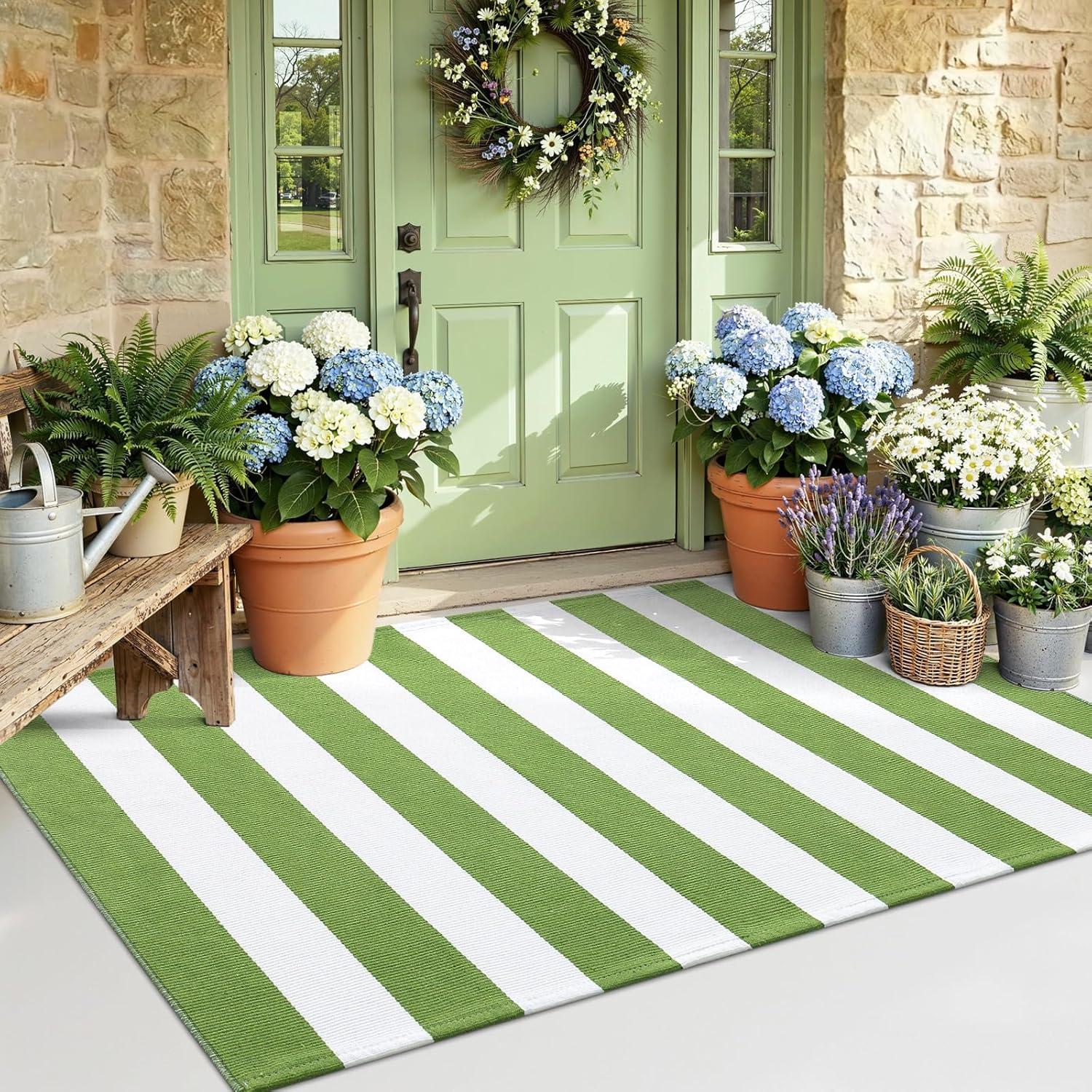 imageOLANLY Green and White Striped Rug 2 x 3 24 x 36  Washable Cotton Indoor Outdoor Doormat for Front Door Entryway Kitchen Porch Patio Decor