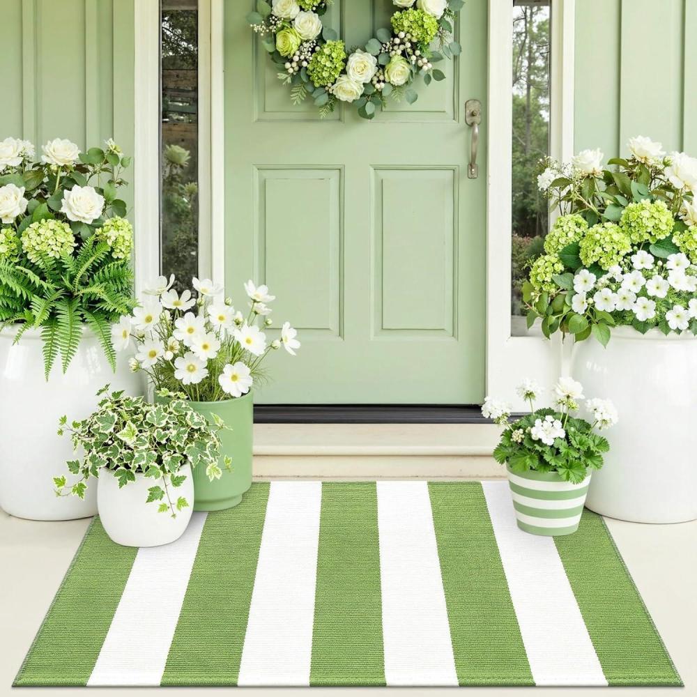 imageOLANLY Green and White Striped Rug 2 x 3 24 x 36  Washable Cotton Indoor Outdoor Doormat for Front Door Entryway Kitchen Porch Patio Decor