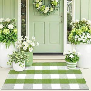 imageOLANLY Buffalo Plaid Rug 2 x 3 24 x 36  Green and White Cotton Checkered Doormat Washable Indoor Outdoor Rug for Layered Front Porch Kitchen Entryway Decor