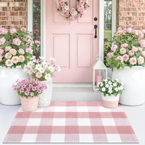 imageOLANLY Buffalo Plaid Rug 2 x 3 24 x 36  Pink and White Cotton Checkered Doormat Washable Indoor Outdoor Rug for Layered Front Porch Kitchen Entryway Decor