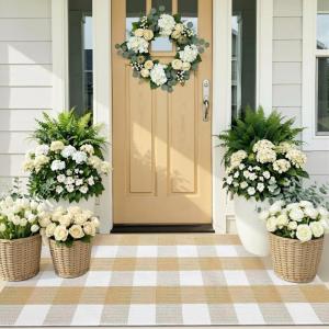 imageOLANLY Buffalo Plaid Rug 2 x 43  Beige and White Cotton Checkered Doormat Washable Indoor Outdoor Rug for Layered Front Porch Kitchen Entryway Decor