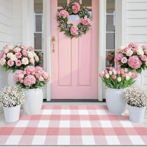 imageOLANLY Buffalo Plaid Rug 2 x 43  Pink and White Cotton Checkered Doormat Washable Indoor Outdoor Rug for Layered Front Porch Kitchen Entryway Decor