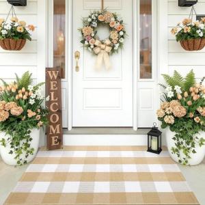 imageOLANLY Buffalo Plaid Rug 24 x 37 275 x 43  Beige and White Cotton Checkered Doormat Washable Indoor Outdoor Rug for Layered Front Porch Kitchen Entryway Decor