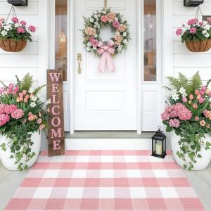 imageOLANLY Buffalo Plaid Rug 24 x 37 275 x 43  Pink and White Cotton Checkered Doormat Washable Indoor Outdoor Rug for Layered Front Porch Kitchen Entryway Decor