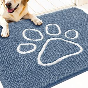imageOLANLY Dog Door Mat for Muddy Paws 32x20 Paw Print Design Absorbs Moisture and Dirt NonSlip Washable Doormat Quick Dry Chenille Mud Mat Entry Indoor Entryway Carpet Airy Blue and White