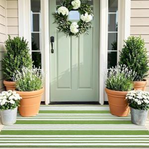 imageOLANLY Green and White Classic Striped Rug 2 x 43 24 x 51  Washable Cotton Indoor Outdoor Doormat for Front Door Entryway Kitchen Porch Patio Decor