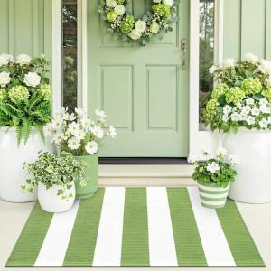 imageOLANLY Green and White Striped Rug 2 x 3 24 x 36  Washable Cotton Indoor Outdoor Doormat for Front Door Entryway Kitchen Porch Patio Decor