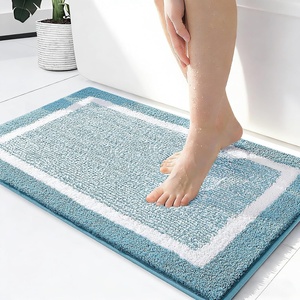 image:imageOLANLY Small Bathroom Rugs 24x16 Extra Soft and Absorbent Microfiber Bath Rugs NonSlip Machine Washable Quick Dry Shaggy Bath Carpet Bath Mats for Bathroom Floor Tub Shower GreyLight Blue and White